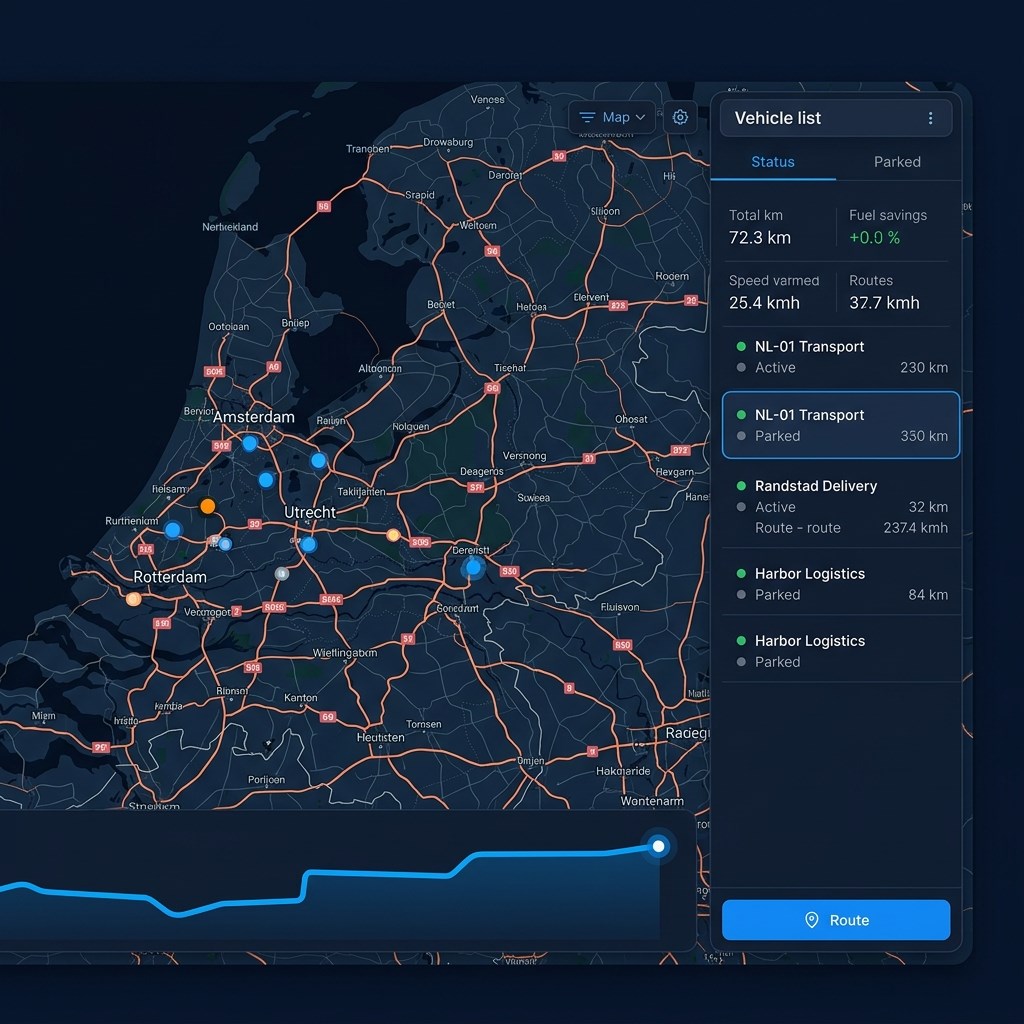 FleetTrack Holland GPS tracking dashboard — realtime voertuig monitoring
